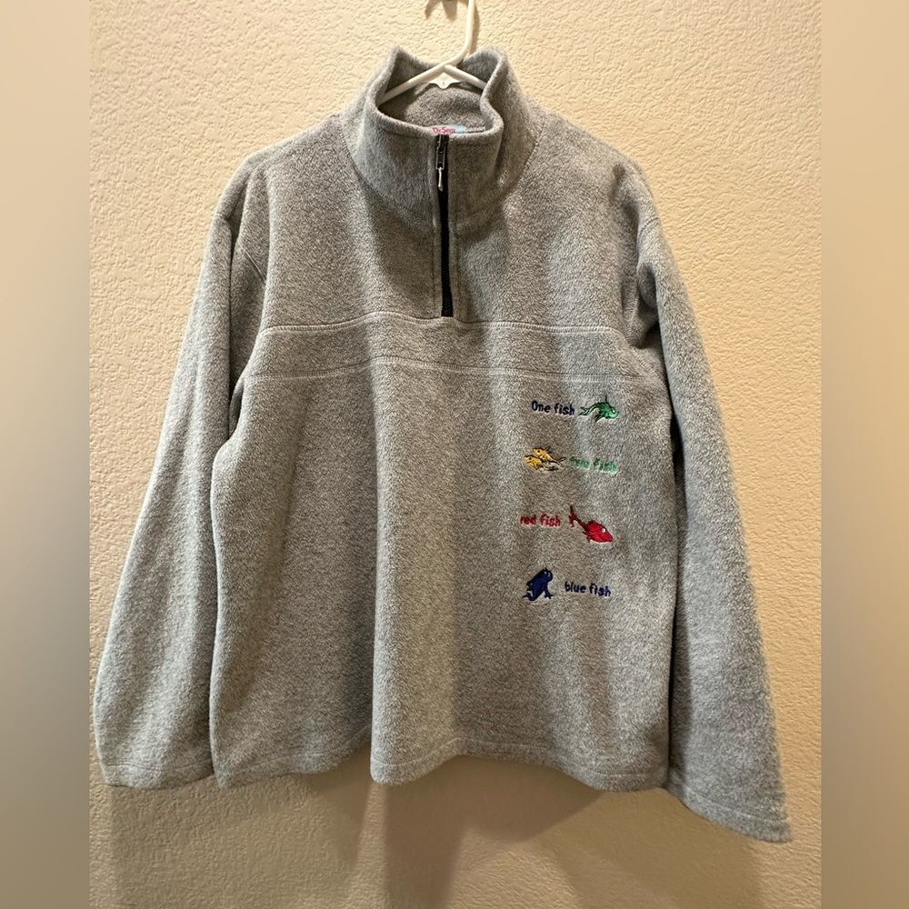 Vintage Dr Seuss Brand XL Gray Fleece Sweater Fish